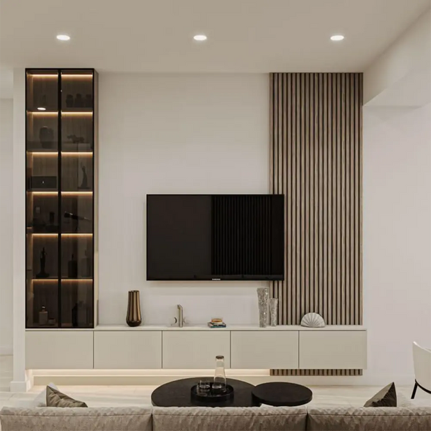Contemporary Living Room Entertainment Center – Slatted Wood Panel, Lowboard Console & Illuminated Display Case