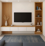 Media Wall unit of Modern living room with a television mounted on a wall and wooden shelves.