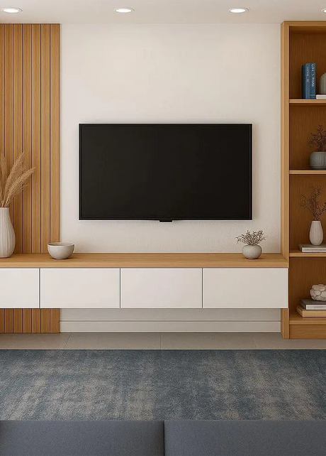 Media Wall unit of Modern living room with a television mounted on a wall and wooden shelves.