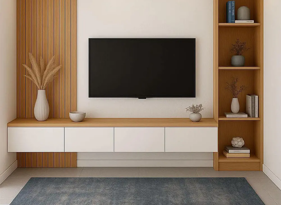 Media Wall unit of Modern living room with a television mounted on a wall and wooden shelves.