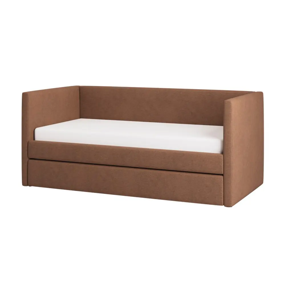 Stylish brown upholstered bed with white mattress on a white background