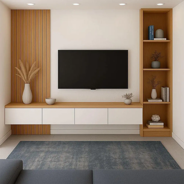 Classy living room with a television mounted on a wall, wooden shelves, and energy-efficient LED lighting.