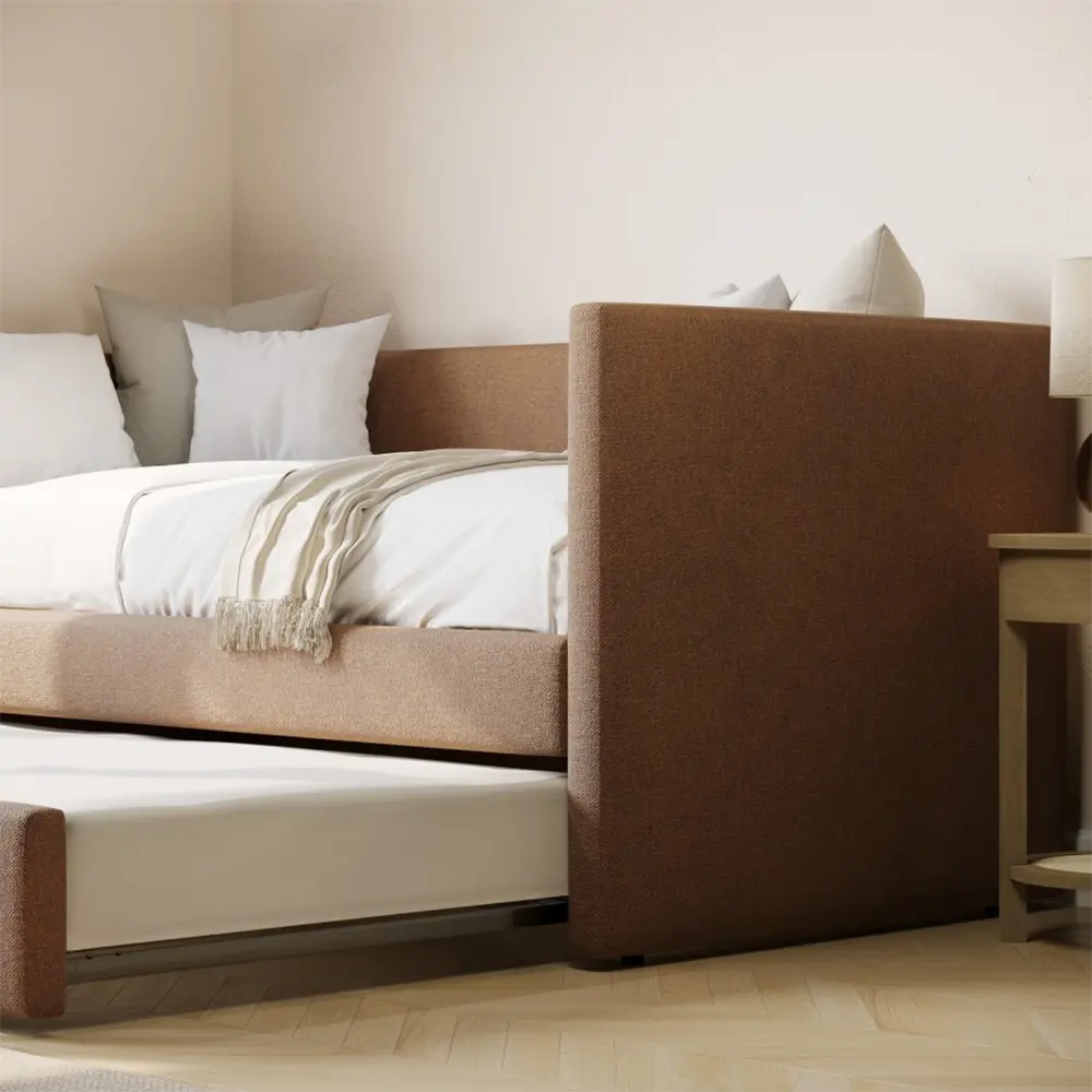 Brown upholstered bed with white bedding in a ,modern bedroom setting