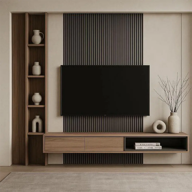 Modern living room with a television mounted on a decorative wall panel.