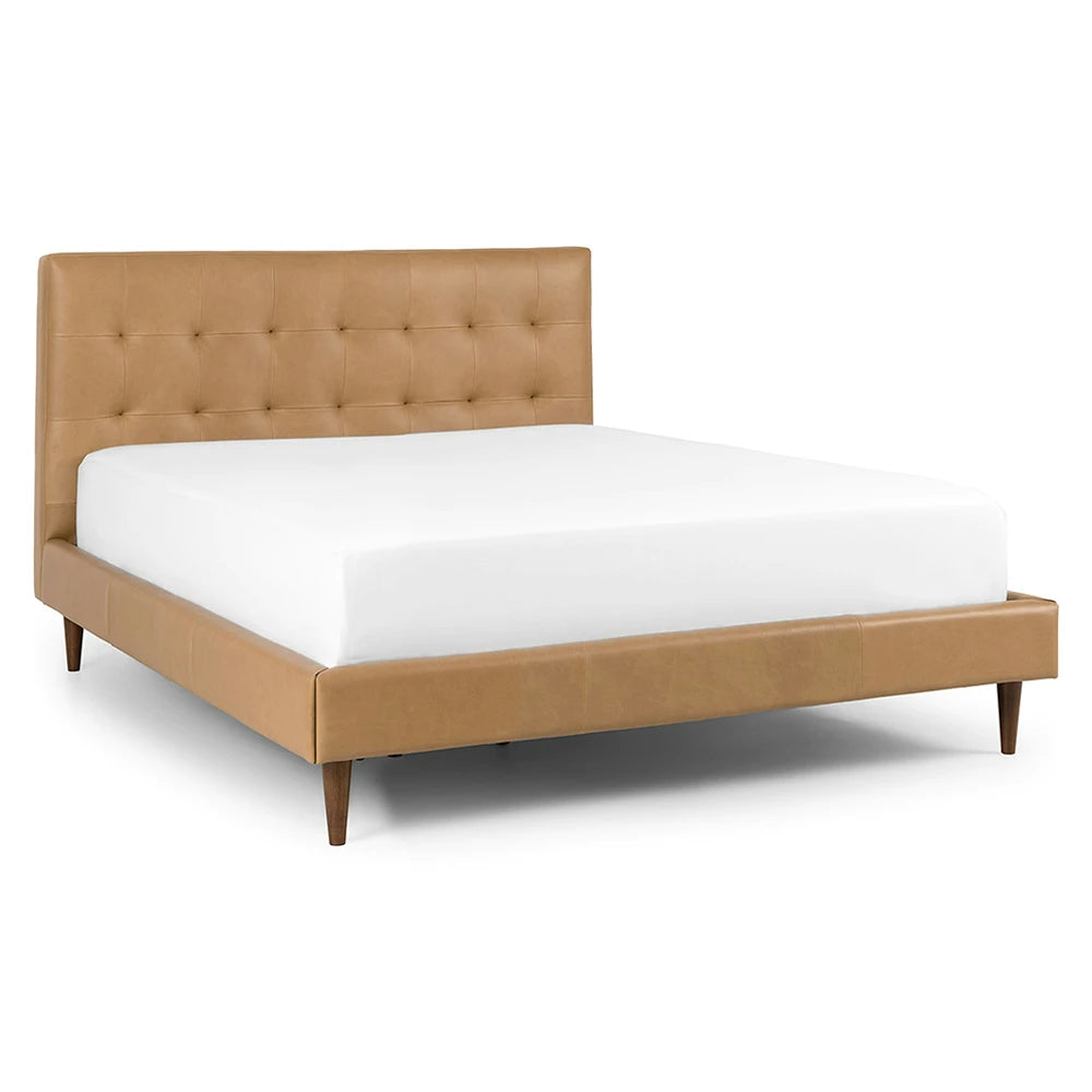 Brown upholstered bed with white mattress on a white background