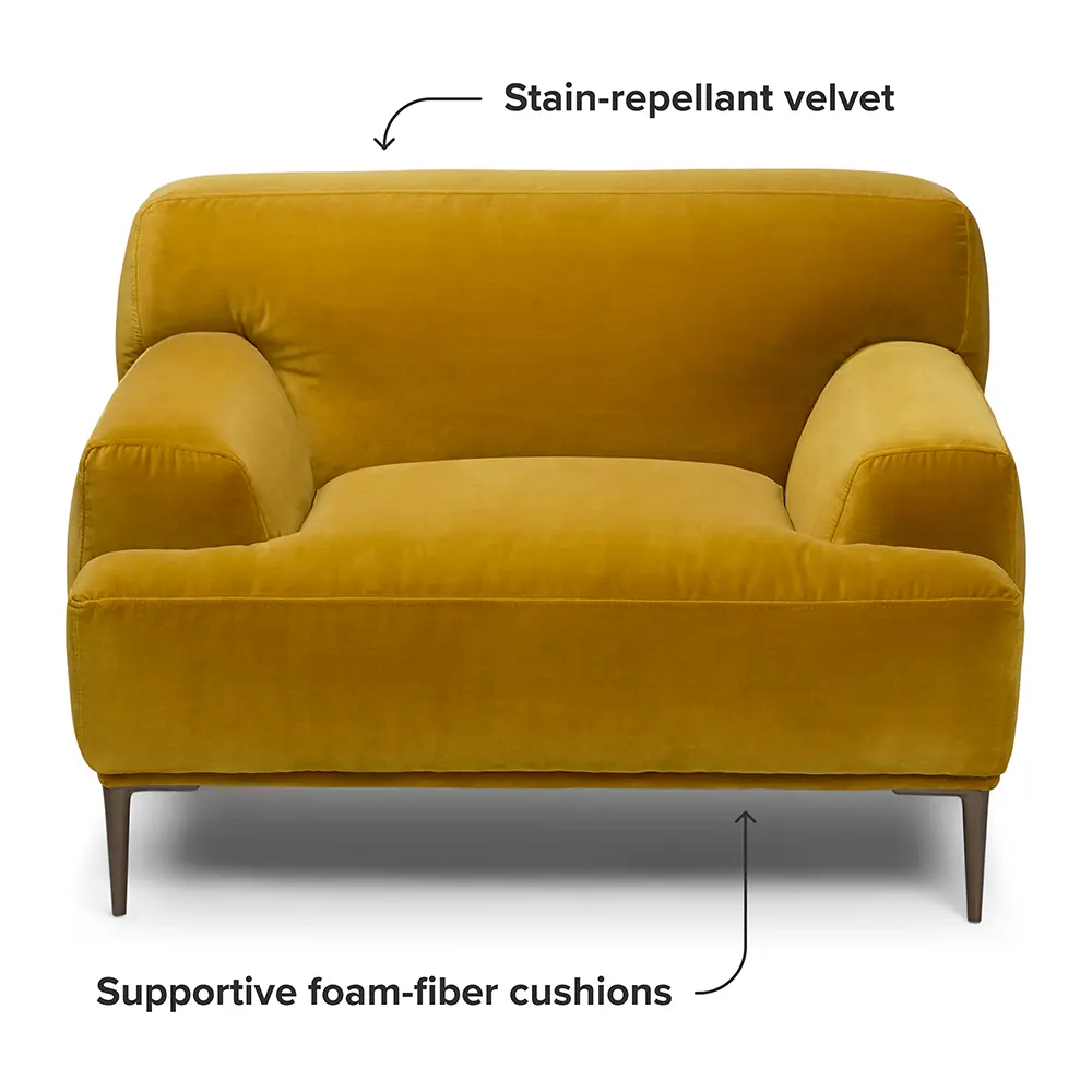 Yellow armchair with text indicating stain-repellent velvet and supportive foam-fiber cushions in living room.