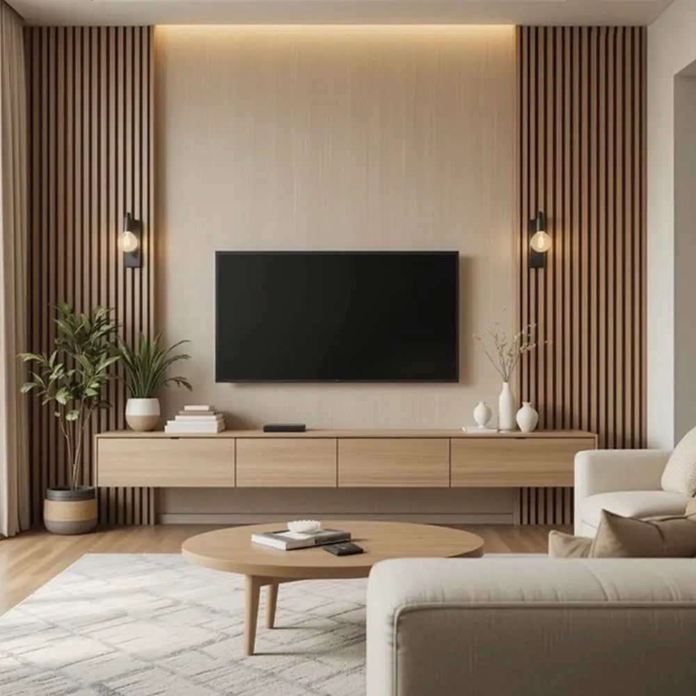 Modern living room with a television mounted on a wall, wooden cabinet, and integrated LED lighting.