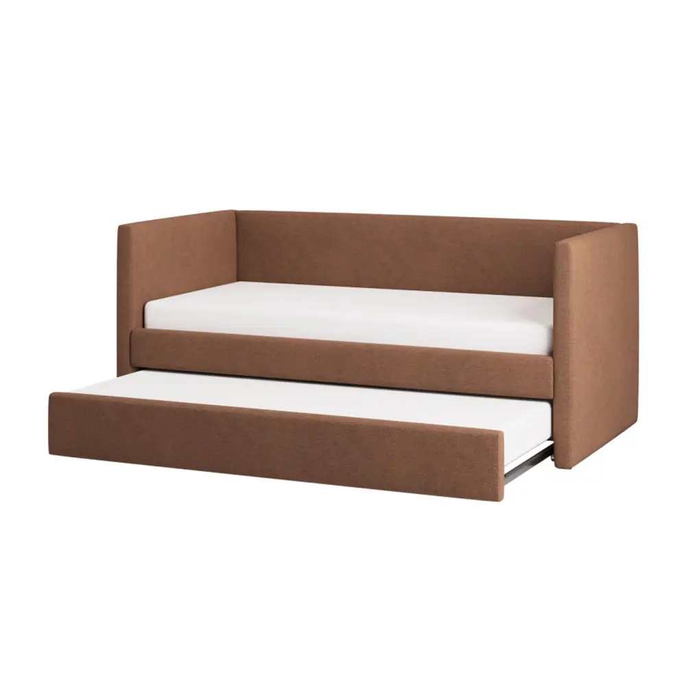 Brown upholstered sofa bed with white mattress on a white background