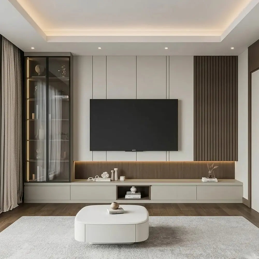 Modern Minimalist Floating TV Wall Unit with Glass Cabinet & LED Backlighting