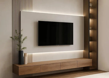 Modern living room with a television stand on a wall, wooden cabinet below, and energy-efficient LED lighting.