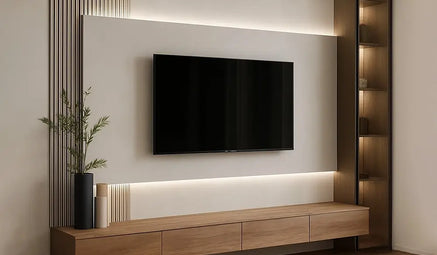 Modern living room with a television stand on a wall, wooden cabinet below, and energy-efficient LED lighting.