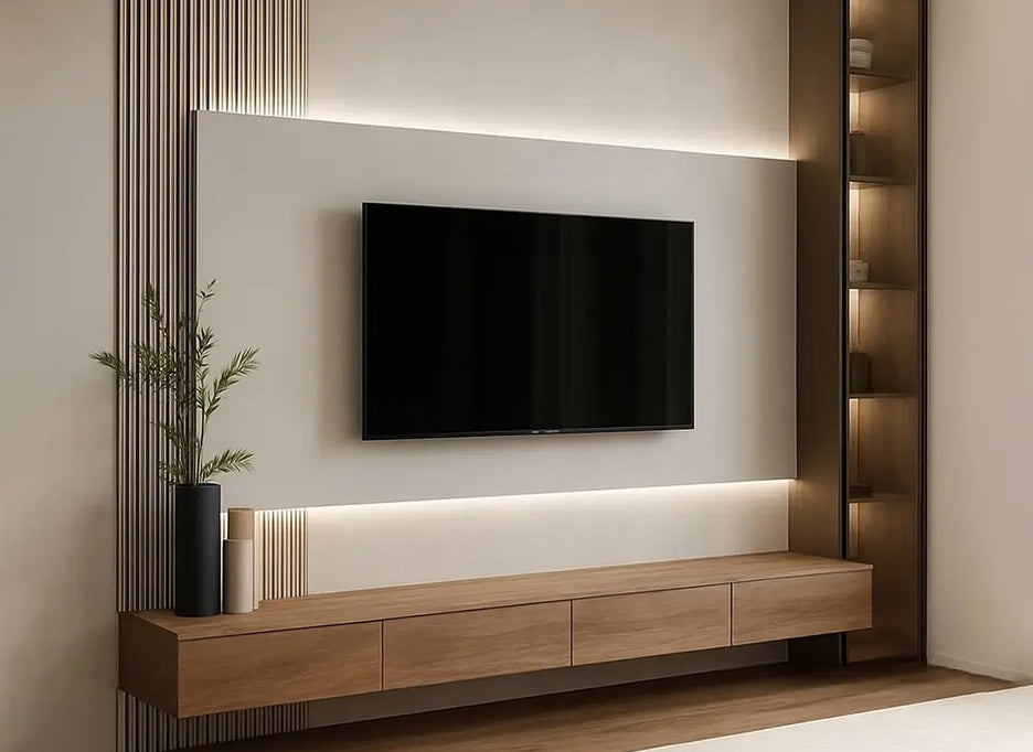Modern living room with a television stand on a wall, wooden cabinet below, and energy-efficient LED lighting.