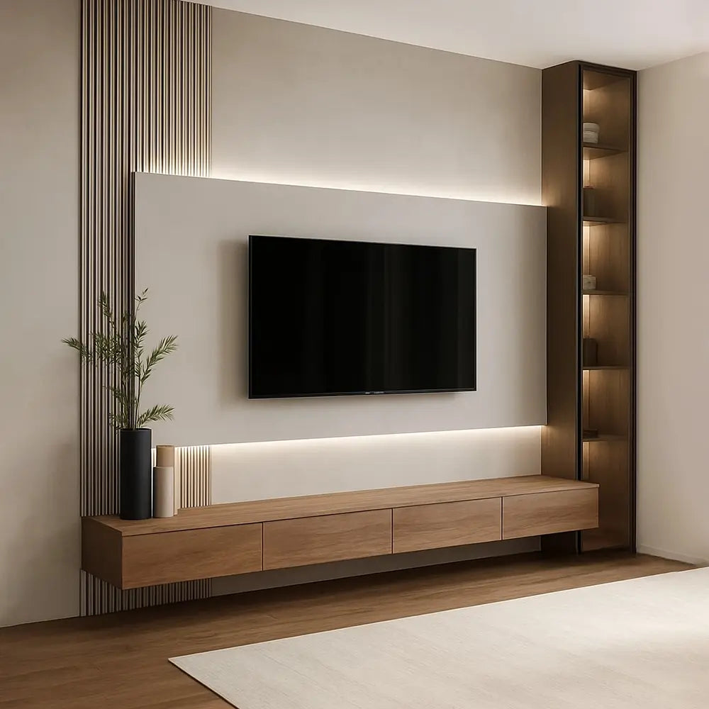 Modern living room with a television stand on a wall, wooden cabinet below, and energy-efficient LED lighting.