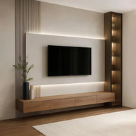 Modern living room with a television stand on a wall, wooden cabinet below, and energy-efficient LED lighting.