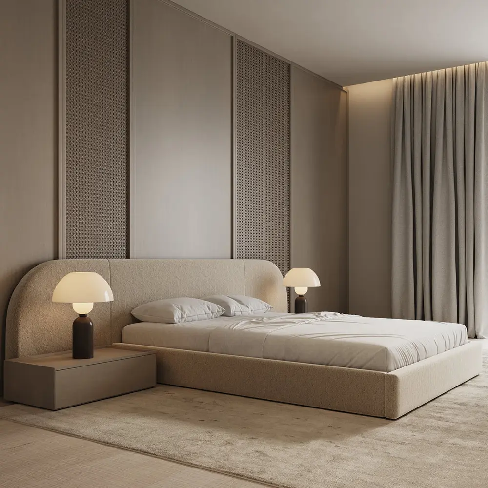 Modern bedroom with beige bed, lamps, and decorative wall panels.