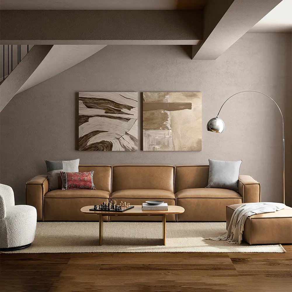 Modern living room with brown leather sofa.