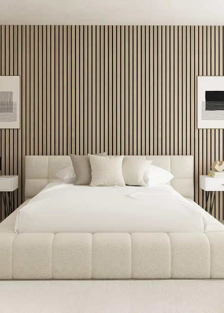 Modern bedroom with a bed, striped wall, and side tables.