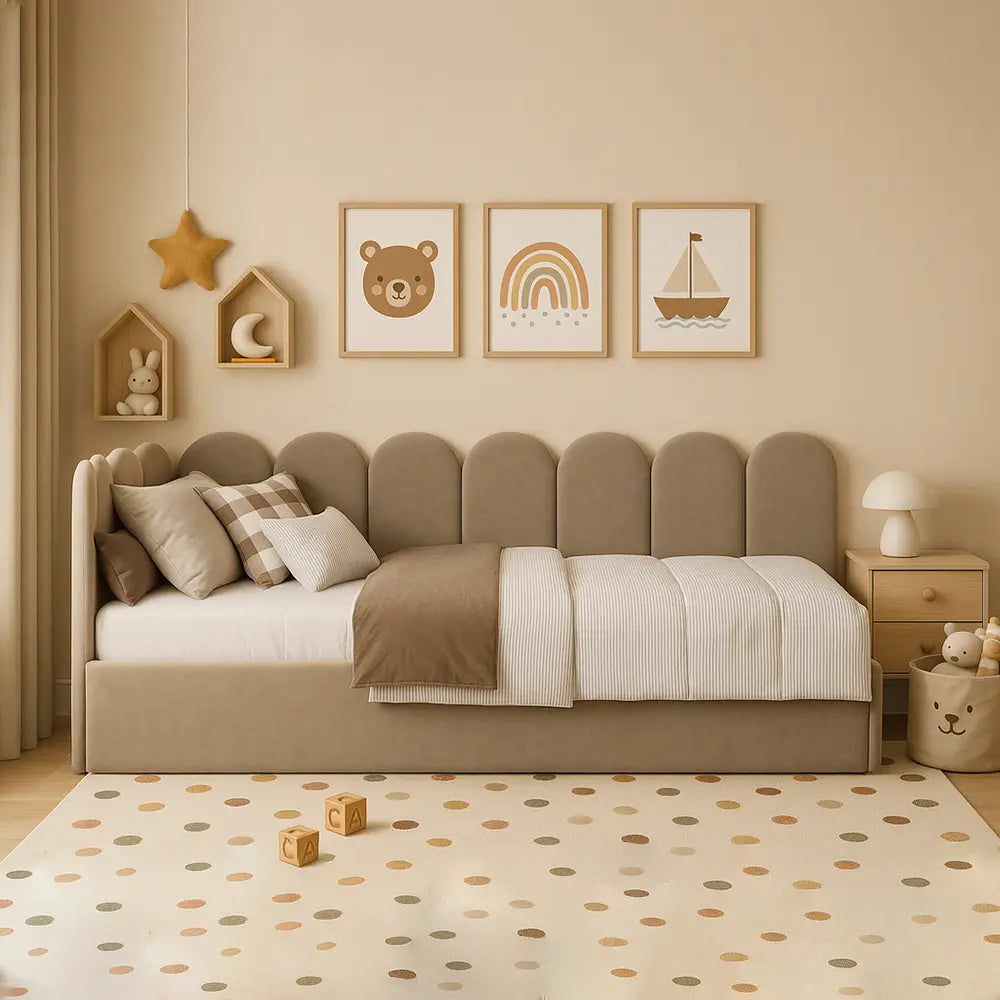 Children's bedroom with a bed, wall art, and toys on a polka dot rug.