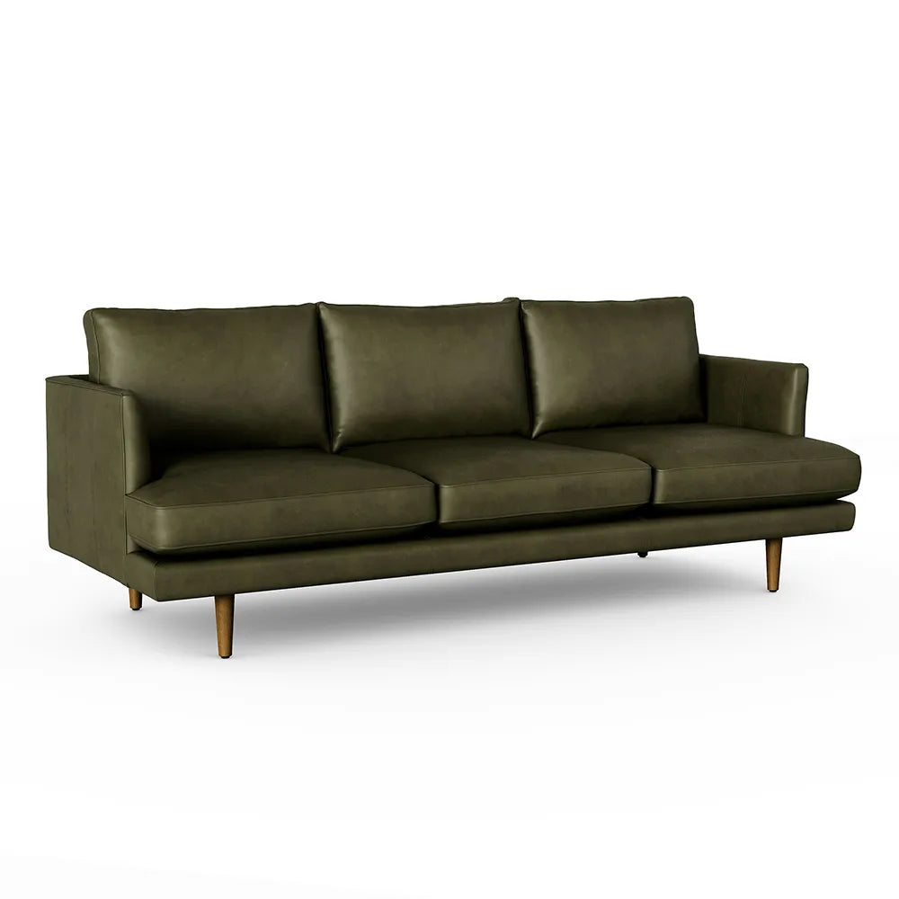 Stylish green leather sofa on a white background