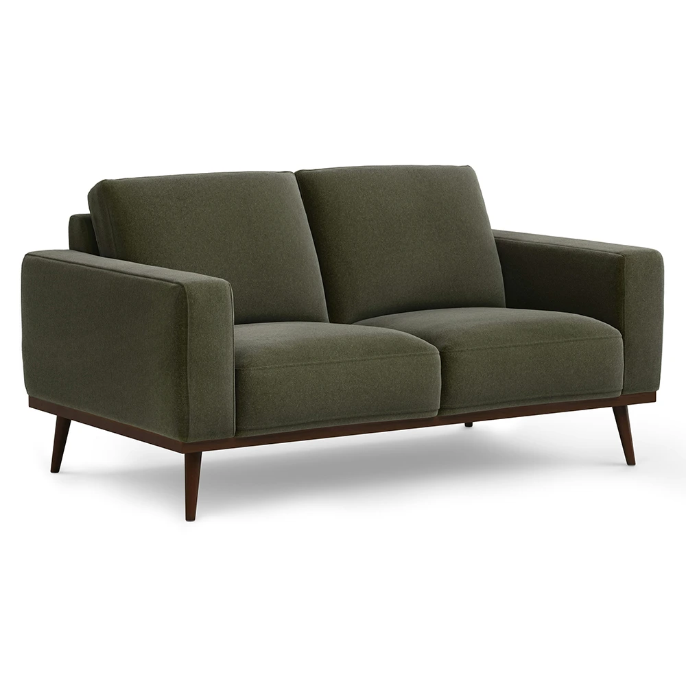 Green sofa with wooden legs on a white background