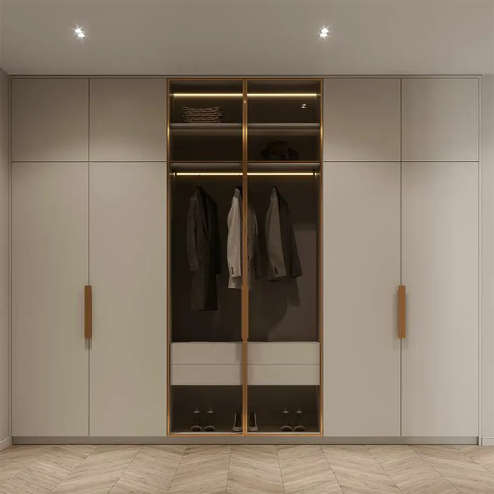Contemporary 6-Door Fitted Closet Cabinet – Glass Doors, Gold Accents & Integrated LED