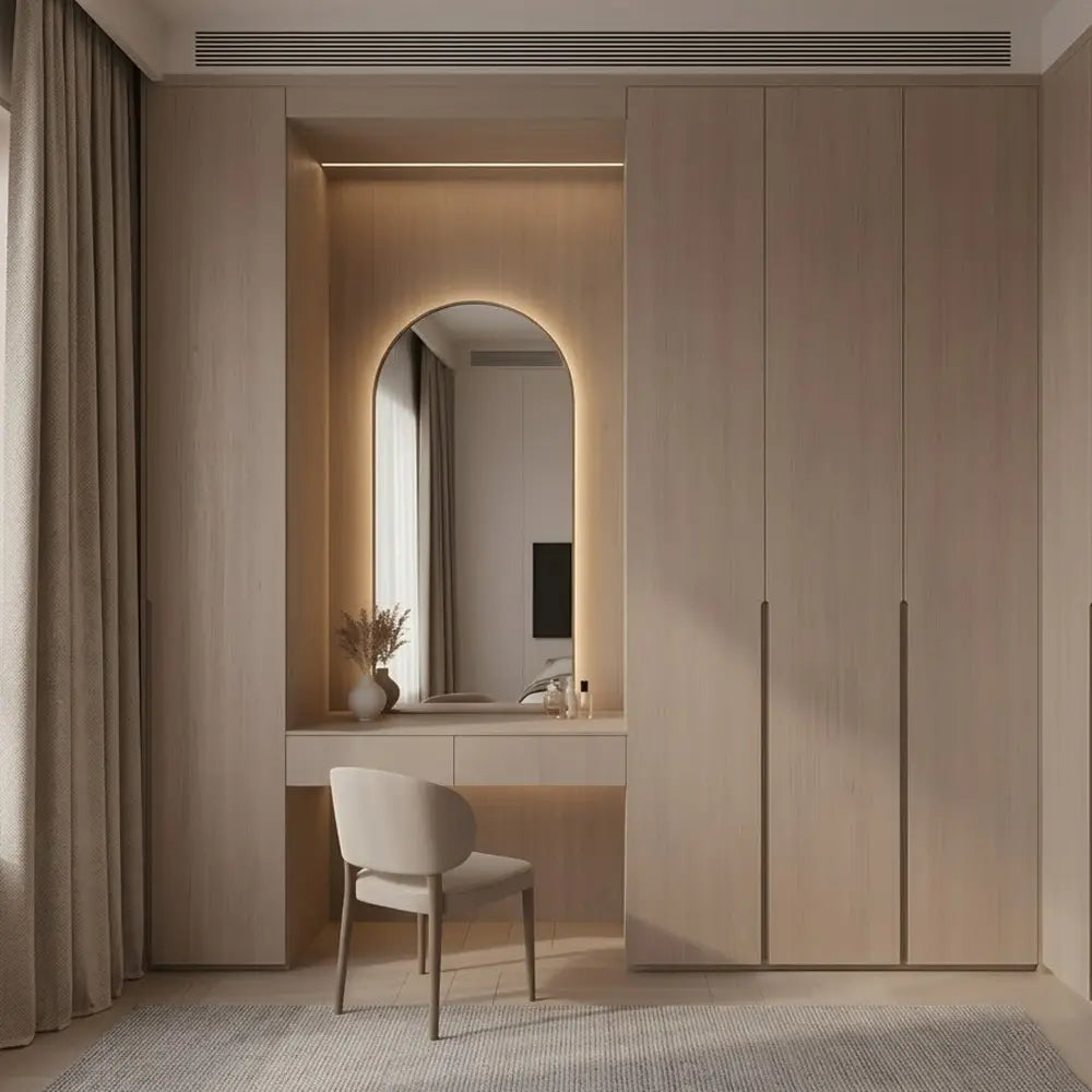Nordic Minimalist Wood Grain Wardrobe & Floating Vanity Set with Illuminated Arch