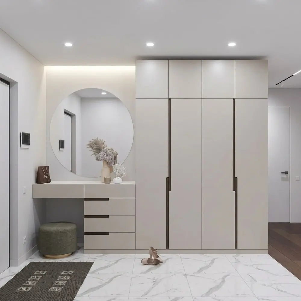 Modern Fitted Wardrobe with Integrated Vanity Table & Round Mirror