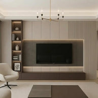 Aura Custom Modern Media Wall Unit with Fluted Accent & Glass Display