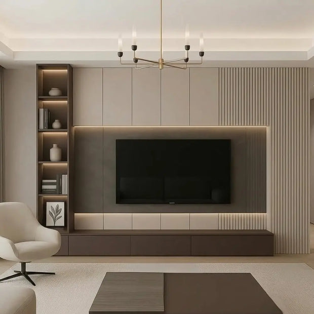 Aura Custom Modern Media Wall Unit with Fluted Accent & Glass Display