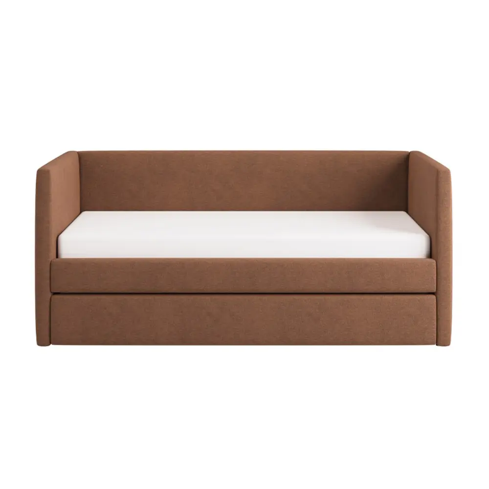 Brown sofa bed with a white mattress on a white background in modern bedroom.
