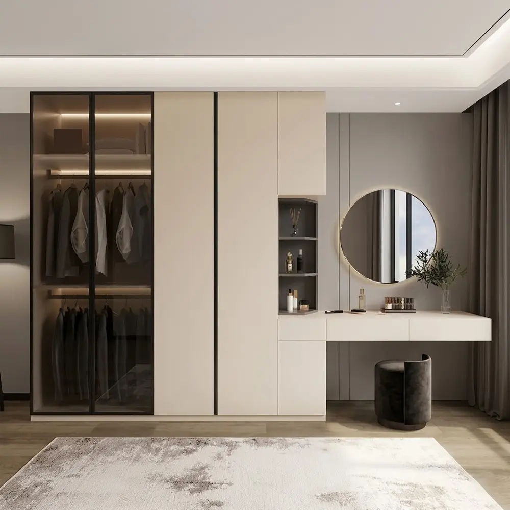 Modern Fitted Wardrobe with Integrated Vanity Desk & Glass Display Doors