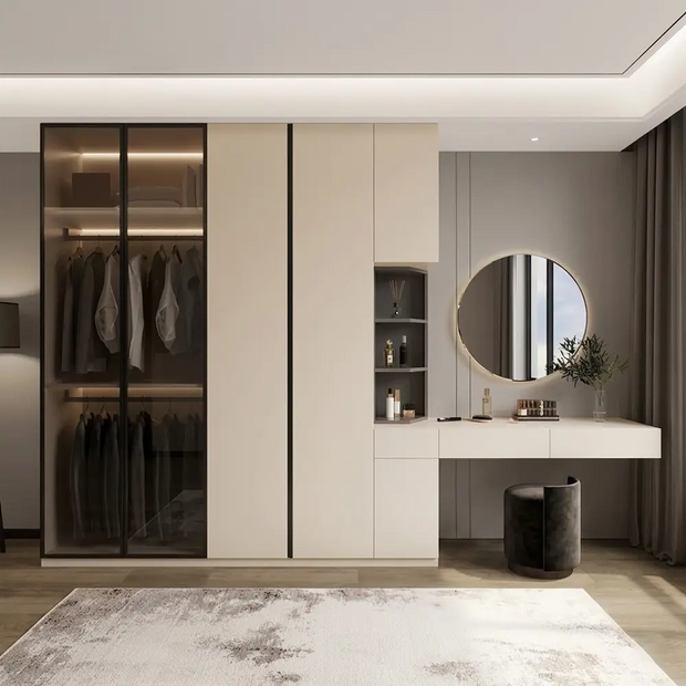 Modern Fitted Wardrobe with Integrated Vanity Desk & Glass Display Doors