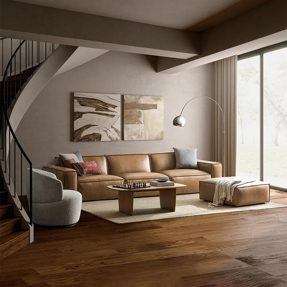 Modern living room with minimalist brown sofa.