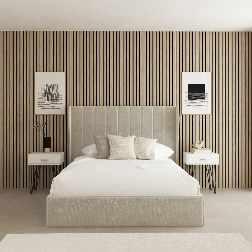 Modern bedroom with a bed, nightstands, and striped wall.