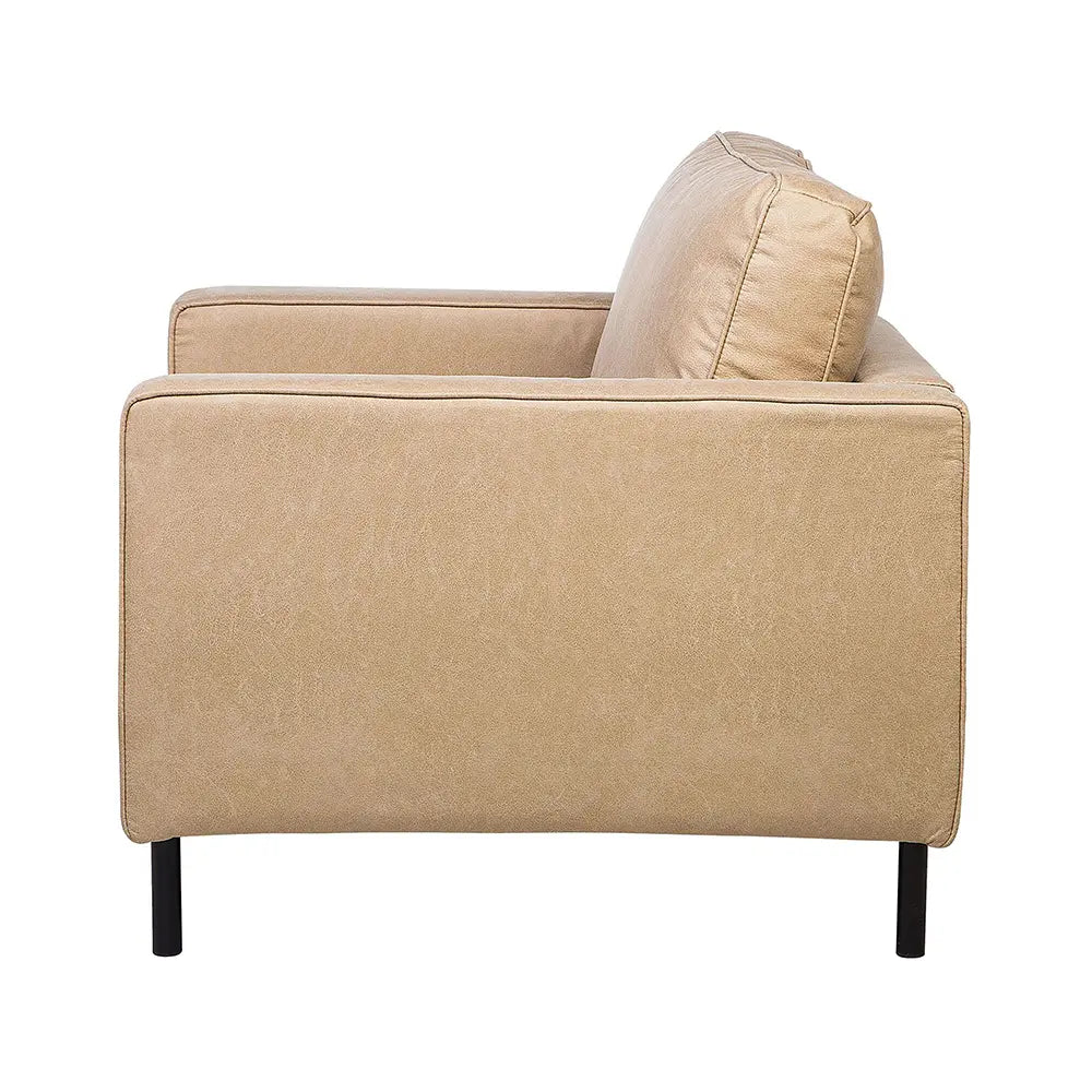 Beige sofa with a single cushion on a white background
