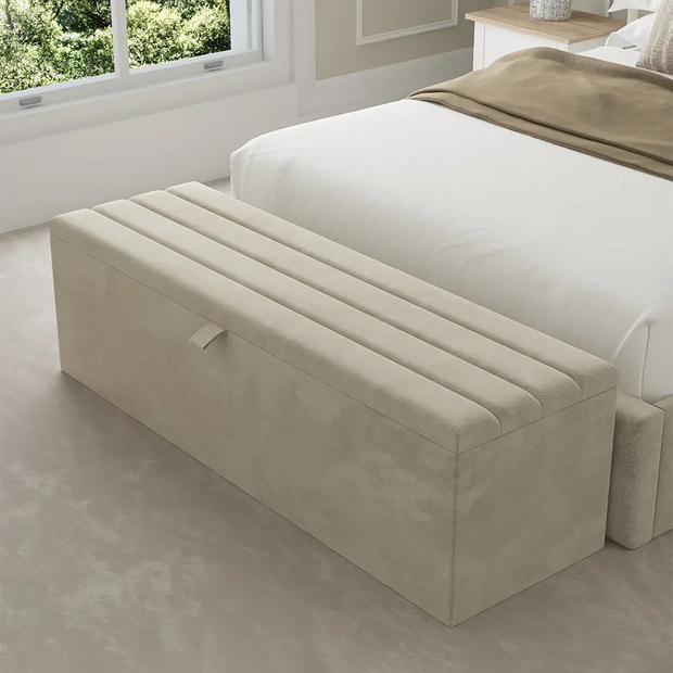 Trendy Beige ottoman with storage compartment in a bedroom setting