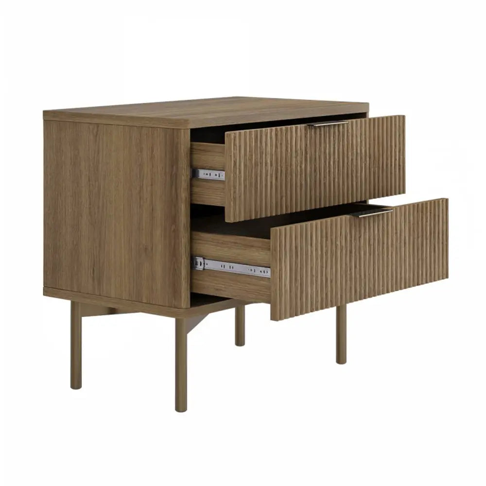 Wooden nightstand with two drawers having stylish frame in bedroom.