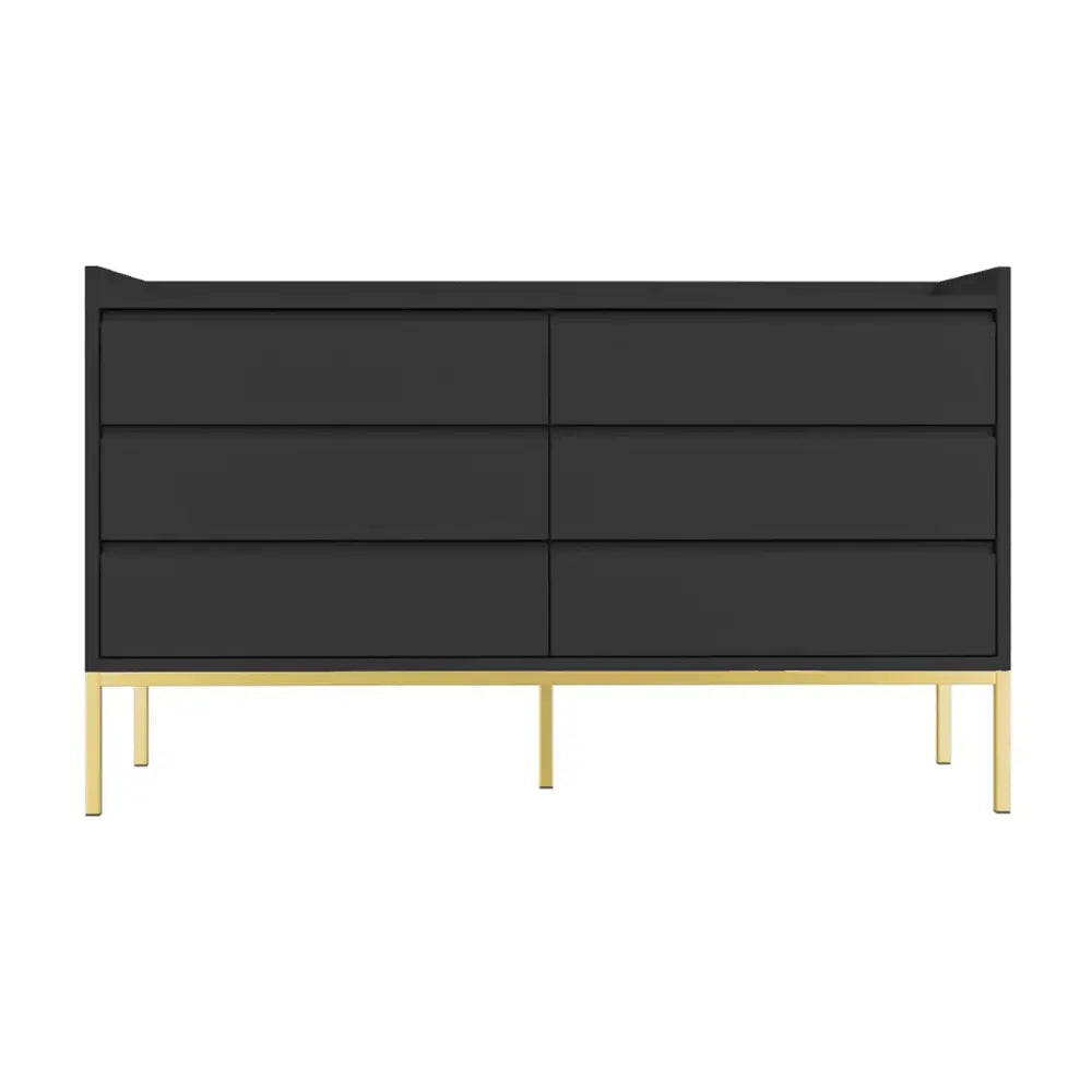 Black dresser with gold legs on a white background
