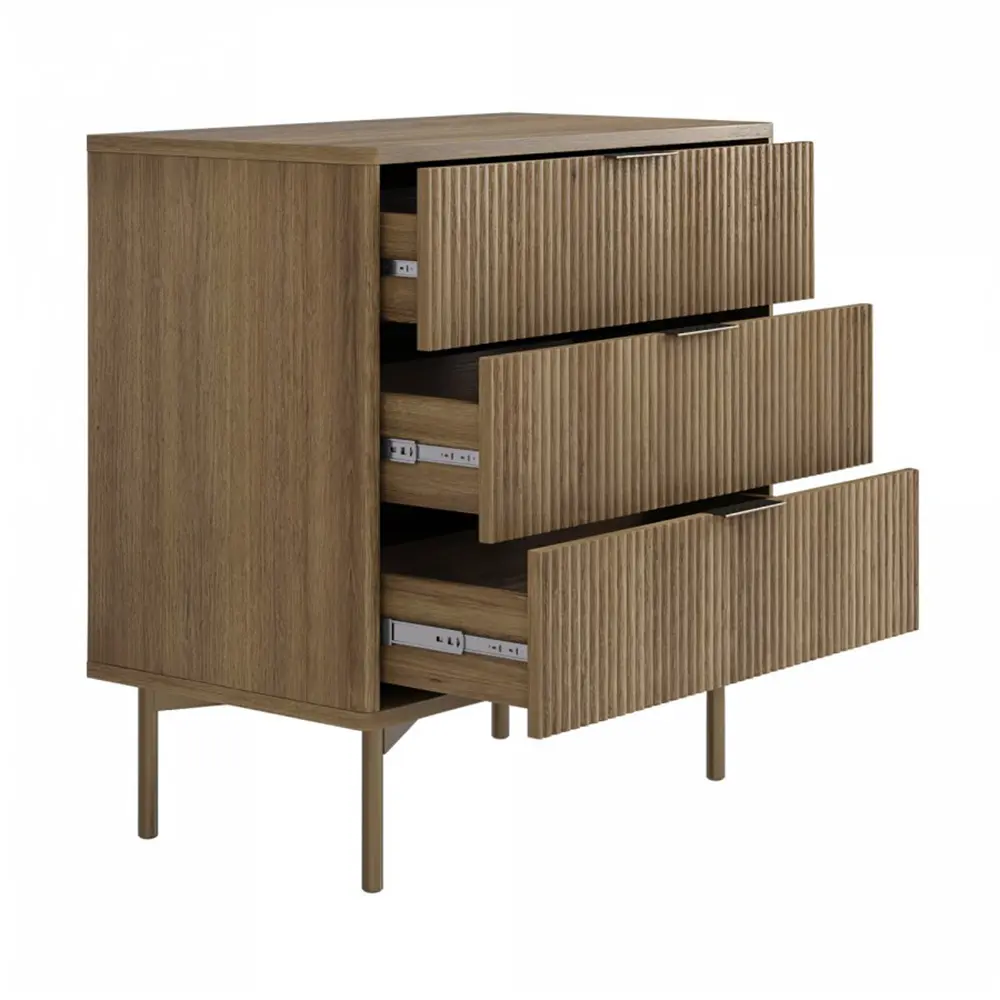 Wooden dresser with three drawers on a white background