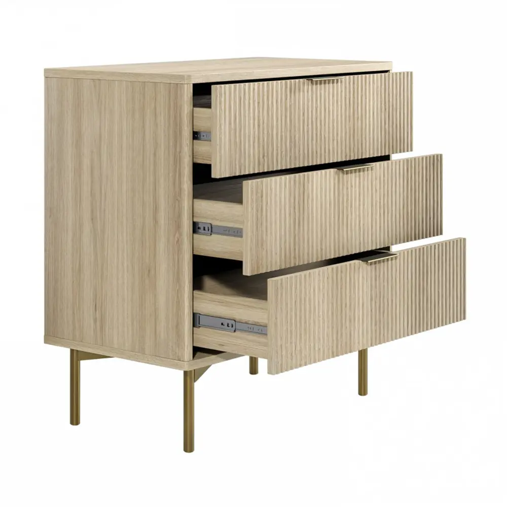 Beige dresser with three drawers on a white background