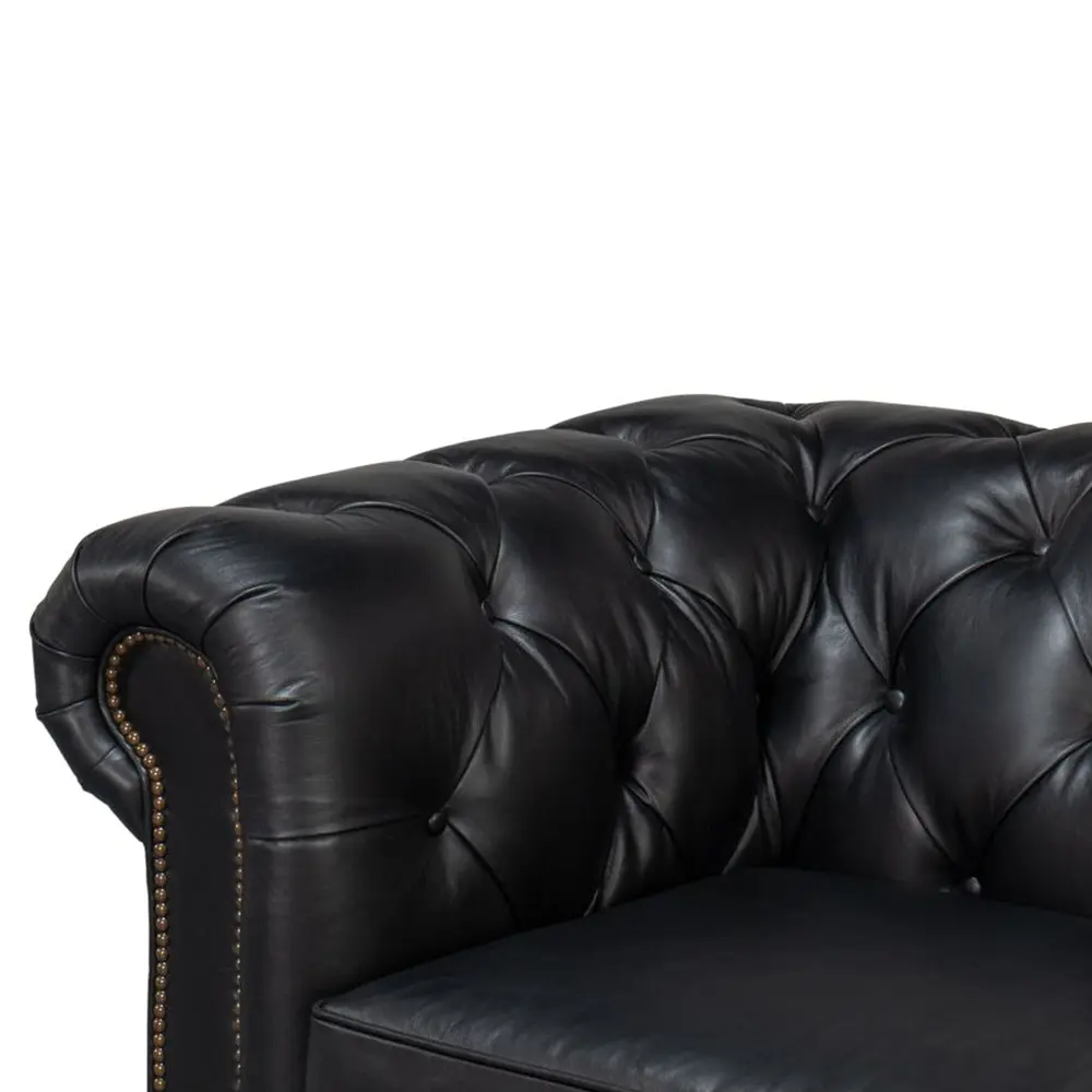 Close-up of a black leather sofa with tufted backrest on a white background