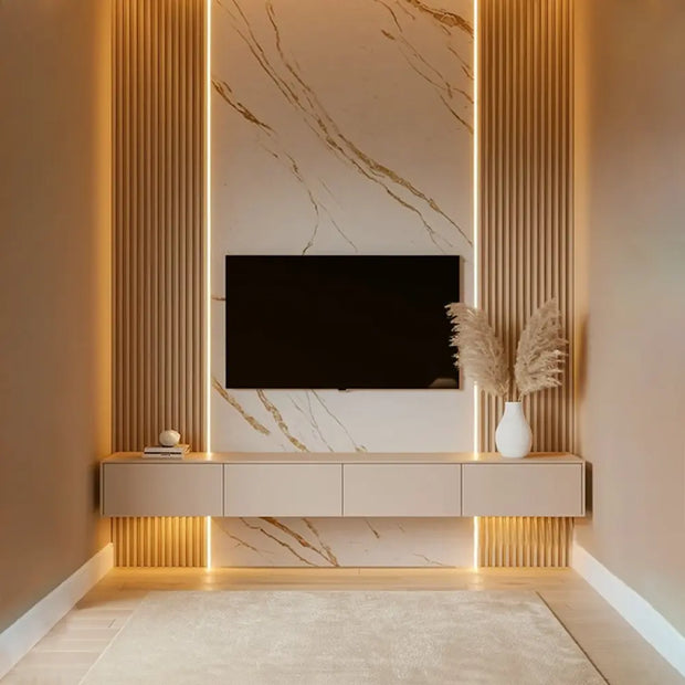 Modern living room with a television mounted on a marble wall, slatted panel configuration and LED lighting.