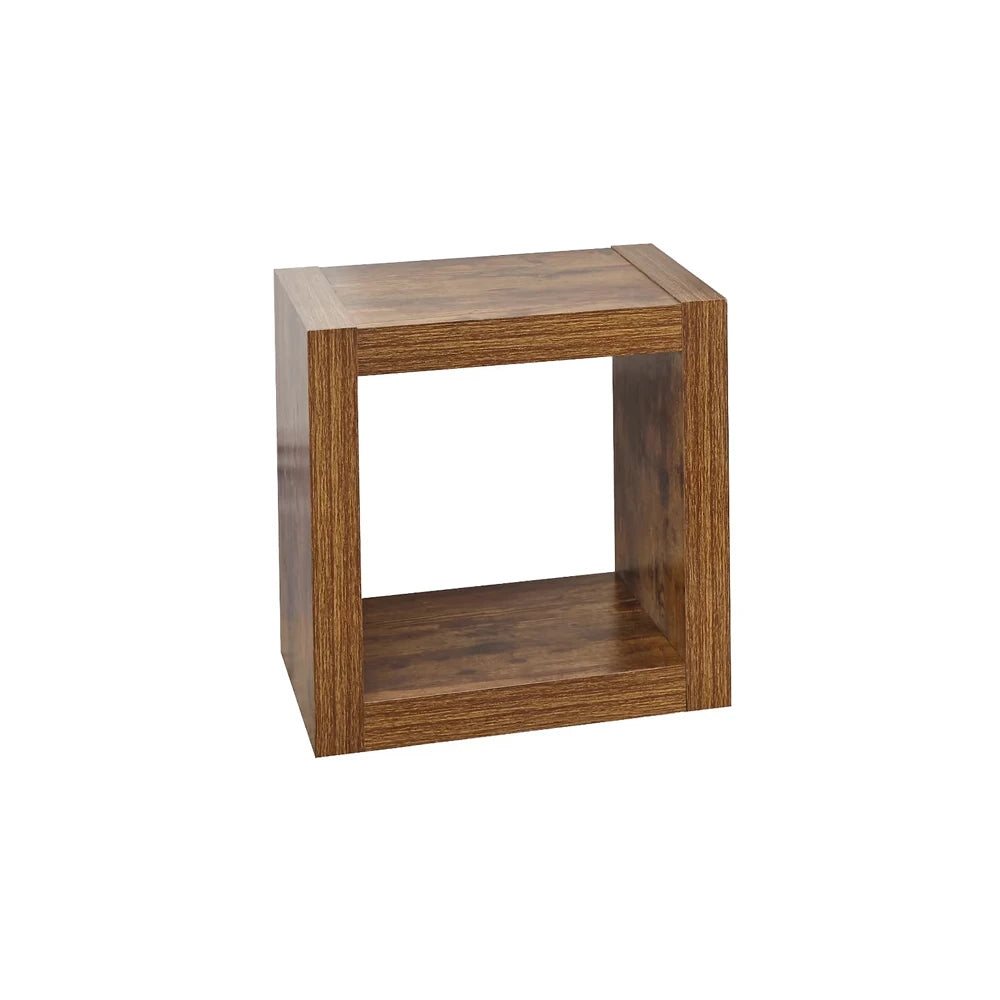 Wooden cube shelf adds a refined aesthetic to bedroom setting.