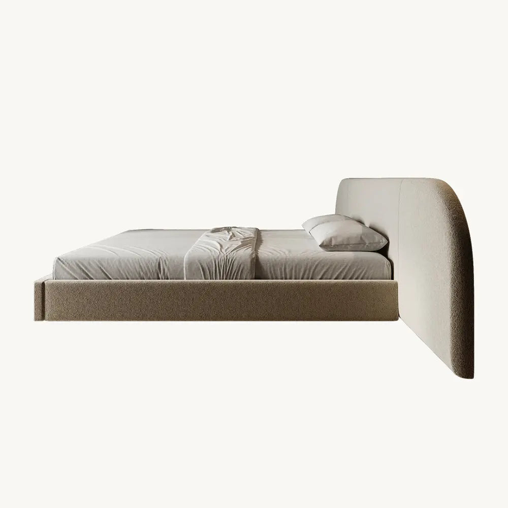 Beige bed with a headboard on a white background
