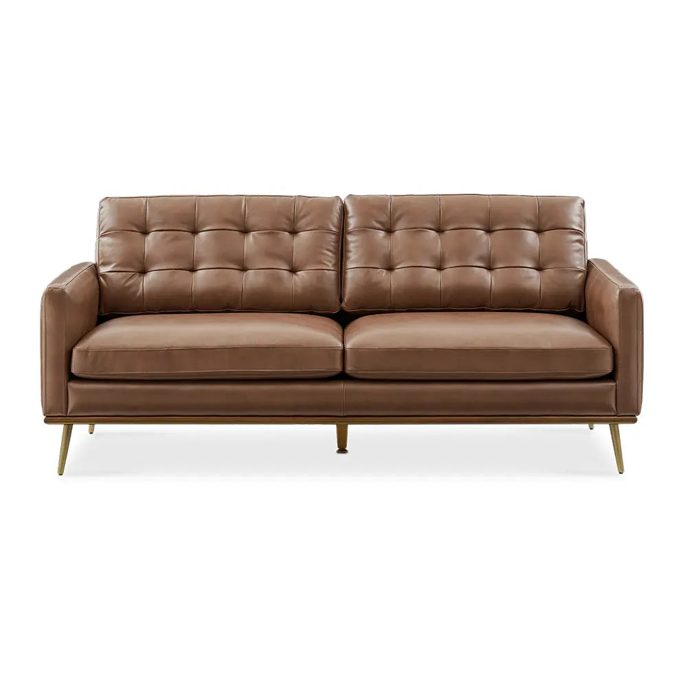 Brown leather sofa with sturdy frame in modern living room.
