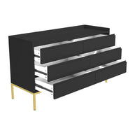 Black dresser with gold legs on a white background