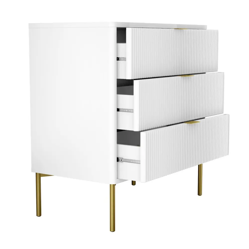 White dresser with gold legs on a white background