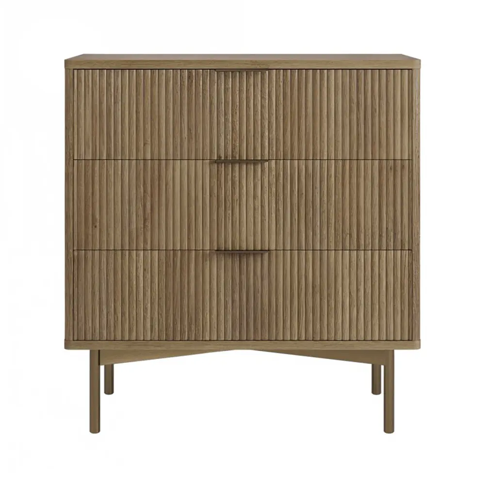 Wooden dresser with three drawers on a white background