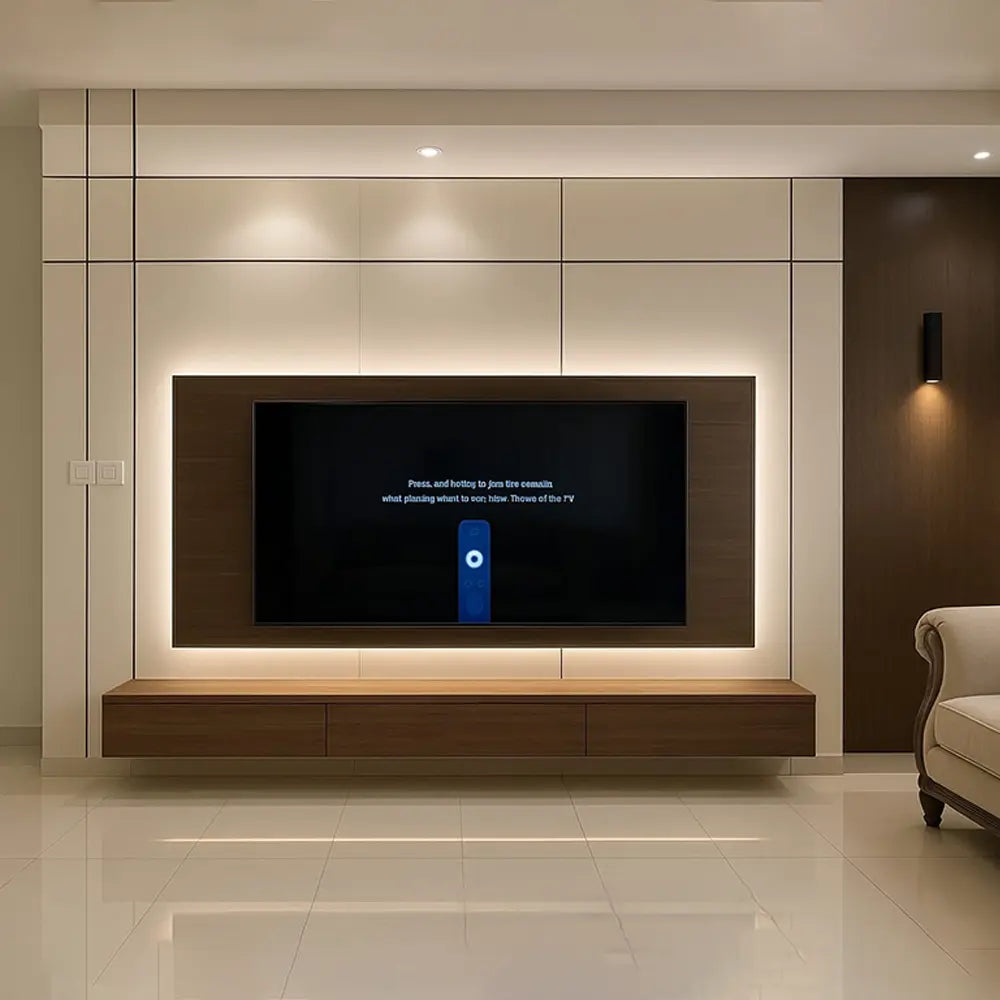 Modern sitting room with a stylish television mounted on a wall with built-in lighting.