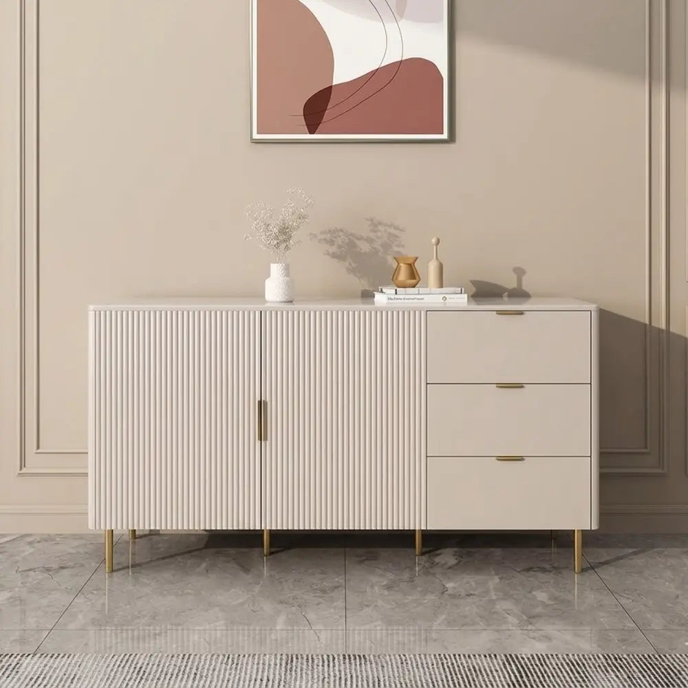 Modern Fluted Sideboard Cabinet _ White Buffet with 3 Drawers